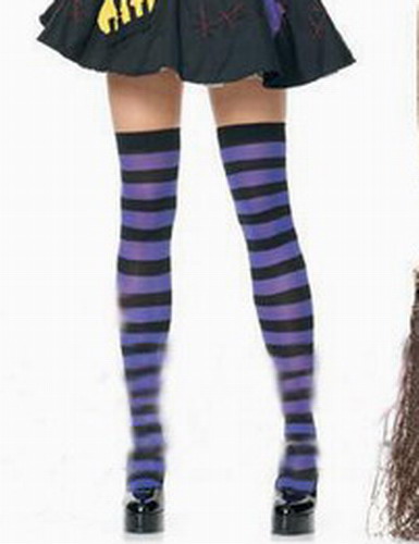 Black and Purple Striped Nylon Thigh High Stockings